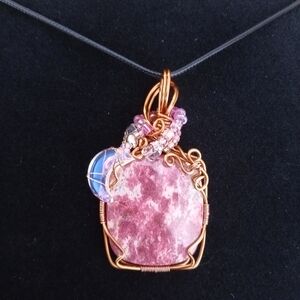 Pink Thulite copper wire wrapped stone crystal necklace aurora borealis moon New